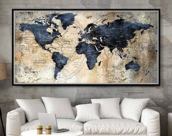 Gran mapa del mundo Push Pin estilo ejecutivo / azul oscuro, cartel del mapa del mundo del pin negro / impresión de mapa moderno / impresión de mapa de viaje - 027