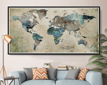 World Map Wall Art, Push Pin Adventure Map, Watercolor World Map Poster, Large Map Wall Art, Home Gift, Office Decor, Wall Decor  - 004