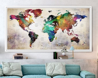 WORLD MAP Wall Decor, PushPin Poster Prints, Watercolor Colorful Artwork for Living Room, Contemporary Art, Large Modern Art - 043