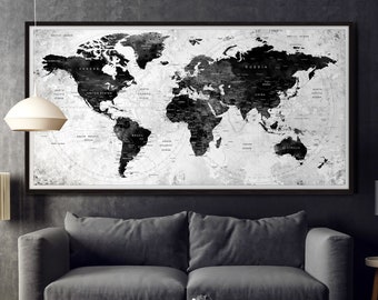 Black & White Push Pin World Map Poster, Extra Large Wall Art Travel Gift, Office Decor, Living Room Wall Decor, Large Adventure Map - 012