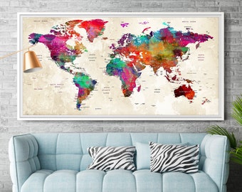 Colorful World Map Poster Print Wall Art - PushPin Map Home wall decor, interior design decoration, Housewarming gift idea - 045