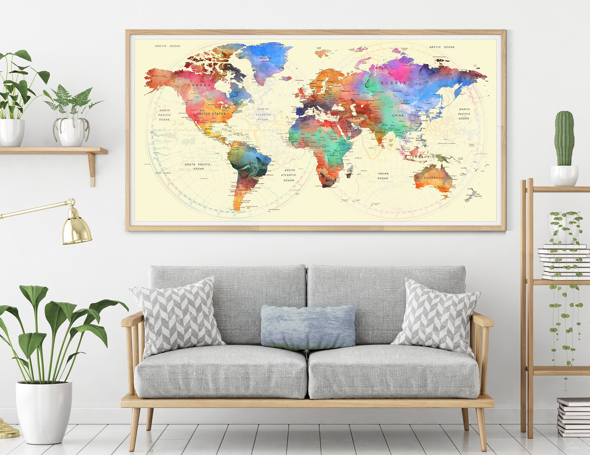 World Map Push Pin Wall Art Watercolor World Map Poster Etsy