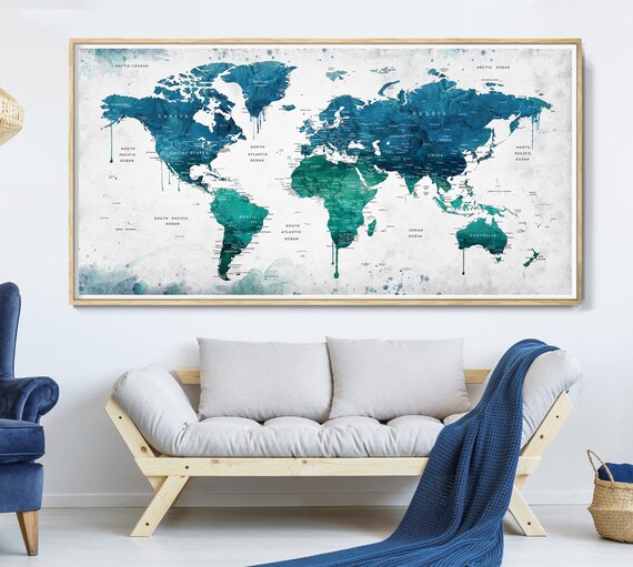 Abstract World Map Print Mid Century Modern Watercolor Poster Etsy