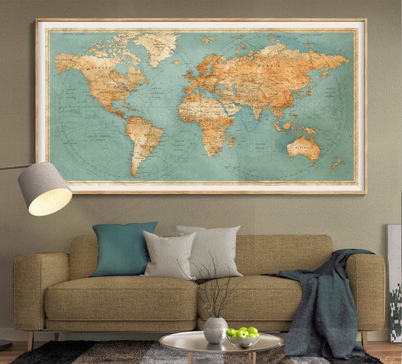 World Map Wall Art Poster Turquoise Pushpin Map Painting Etsy