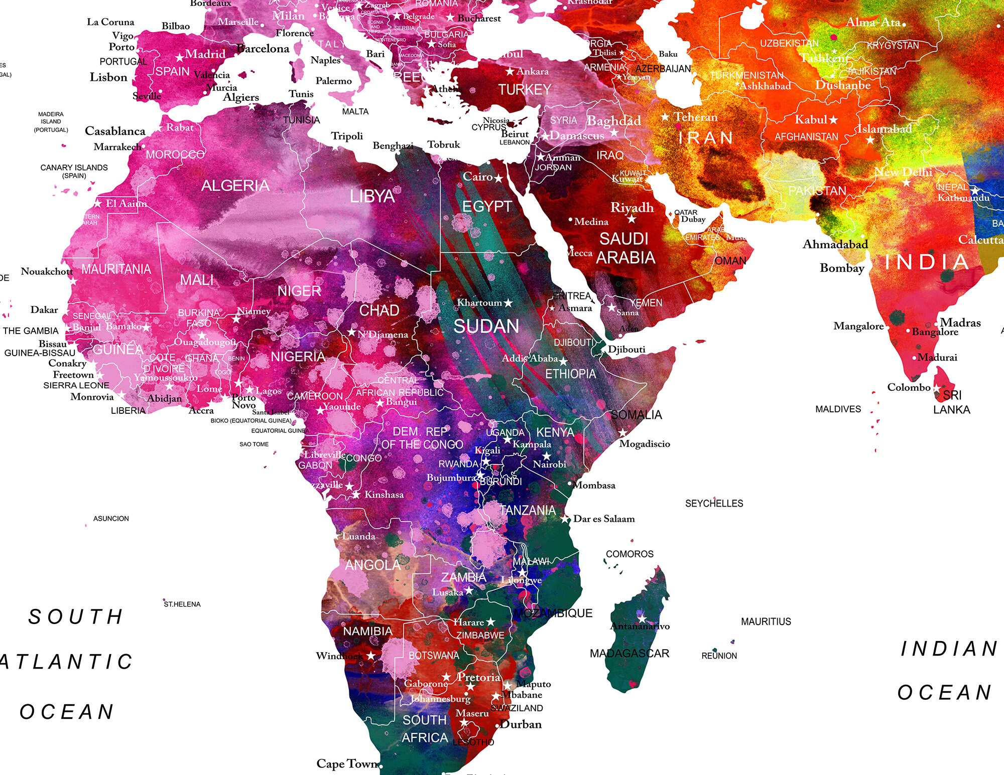 World Map Large Poster Watercolor Wall Hanging Push Pin Style Etsy