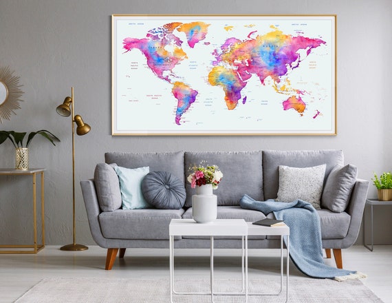 Abstract Bedroom World Map Print Poster Watercolor Wall 