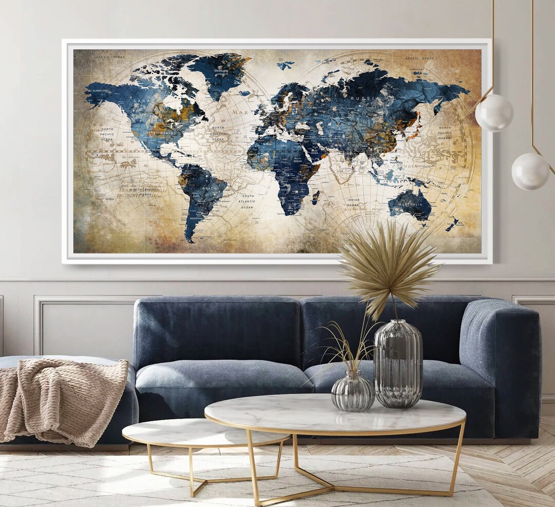 World Map Wall Art Navy Blue Wall Art Abstract Art Print Minimalist ...