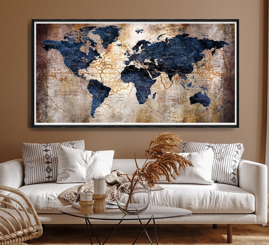 Push Pin World Map Dark Blue Watercolor World Map Print on Poster Wall ...