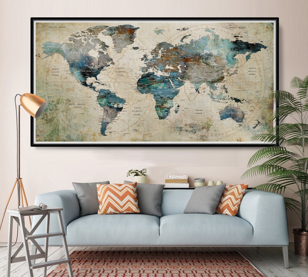 World Map Wall Art, Push Pin Adventure Map, Watercolor World Map Poster