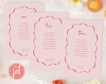 Pink and Red Coquette Bow, Table Seating chart card, Wedding Stationery, Printable Digital Templates, Instant Download, Fully Editable