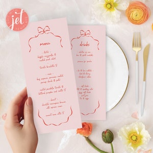Rosa und rote Kokette Schleife, Menü Getränke doppelseitige Karte, Hochzeit Briefpapier, druckbare digitale Vorlagen, Instant Download, vollständig bearbeitbar