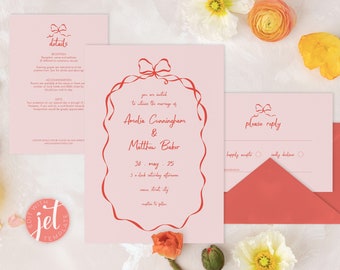 Pink and Red Coquette Bow, Wedding Invitation Bundle, Invite, Details & RSVP, Printable Digital Templates, Instant Download, Fully Editable
