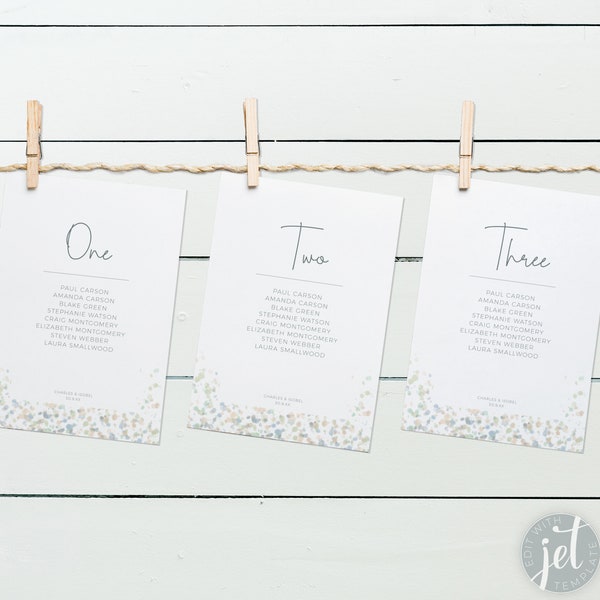 Wedding Table, Place Settings card, 'Watercolor Confetti' suite, COASTAL, Instant Download, Customisable Template, Printable