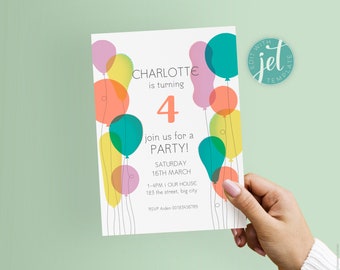 Printable Digital Invitation | Kids Birthday | Balloon Party Invite | Editable Instant Download | Unisex Childrens Invite | DIY template