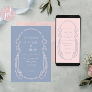 May include: A blue and pink save the date card with a decorative border. The card reads "Save the Date Simone & Phillip Are Getting Married Saturday 31st May 20XX Town, City".