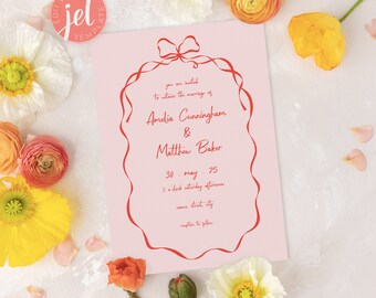 Pink and Red Coquette Bow, Invitation ONLY, Wedding Stationery Suite, Printable Digital Templates, Instant Download, Fully Editable