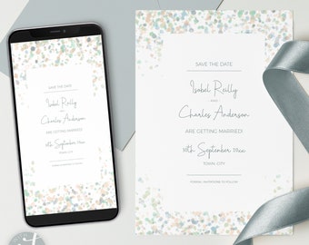 Wedding Save the Date card, Digital Evite, 'Watercolor Confetti' suite, COASTAL, Instant Download, Customisable Template, Printable