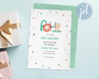 Printable Digital 4th Birthday Invitation | Cute Kids Birthday Numbers | Editable Instant Download | Unisex Childrens Invite | DIY template