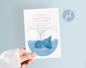 Printable Digital Invitation| Kids Birthday| Cute Whale Party Invite| Editable Instant Download| Unisex Childrens Invite| DIY template