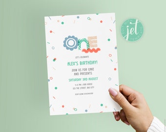 Printable Digital 1st Birthday Invitation | Cute Kids Birthday Numbers | Editable Instant Download | Unisex Childrens Invite | DIY template