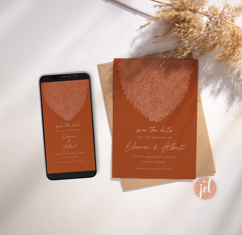 Wedding Save the Date card, Digital Evite, Fall Leaves suite, Instant Download, Customisable Template, Printable, Fall Autumn Wedding image 1