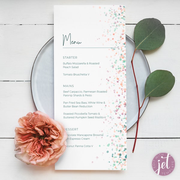 Wedding Menu and Drinks card, doublesided, 'Watercolor Confetti' suite, CARNIVAL, Instant Download, Customisable Template, Printable