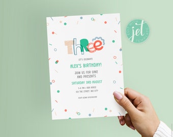Printable Digital 3rd Birthday Invitation | Cute Kids Birthday Numbers | Editable Instant Download | Unisex Childrens Invite | DIY template