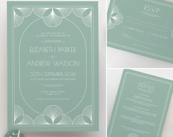 Wedding Invitation bundle, Details and RSVP, 'Art Deco Fan' suite, Instant Download, Customisable Template, Printable, Gatsby Wedding