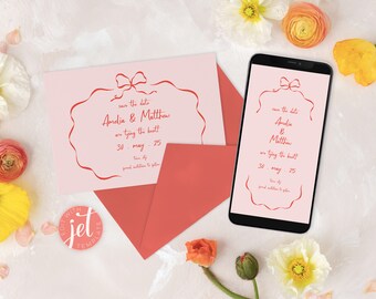 Pink and Red Coquette Bow, Wedding Save the Date, Digital Evite, Printable Digital Templates, Instant Download, Fully Editable Stationery