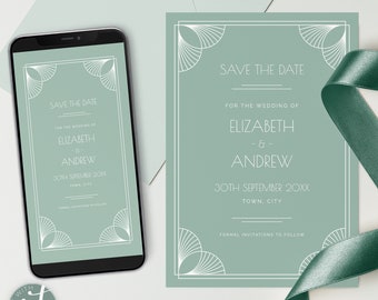 Wedding Save the Date card, Digital Evite, 'Art Deco Fan' suite, Instant Download, Customisable Template, Printable, Gatsby wedding