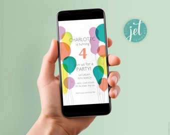 Digital Phone Invitation | Kids Birthday | Colourful Balloon Party Invite | Editable Instant Download | Unisex Childrens Evite |DIY template