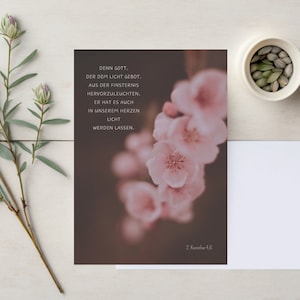 Karte Blüten Rosa „Denn Gott, der dem Licht gebot, aus der Finsternis hervorzuleuchten, hat es auch in unseren Herzen Licht werden lassen“