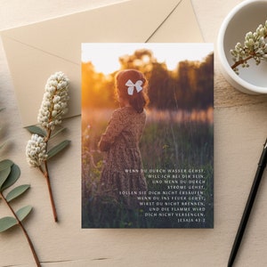 Carte avec un verset biblique encourageant « Quand tu marcheras dans l’eau, je serai avec toi… »