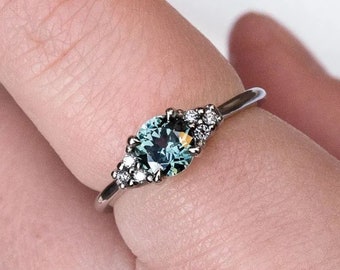 Teal Sapphire Engagement Ring: Vintage Style Sterling Silver Bridal Ring
