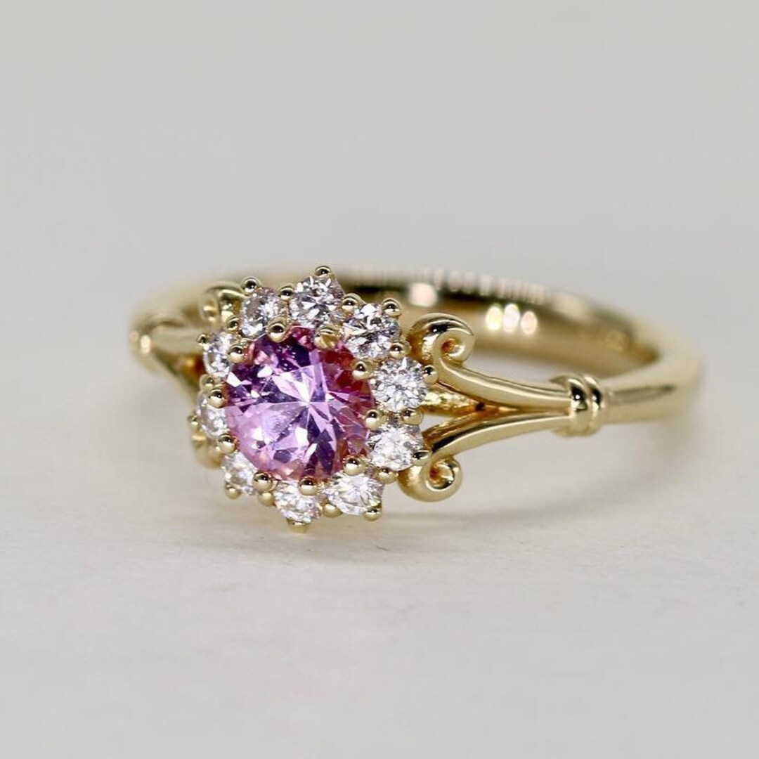 Pink Spinal Rings Pink Spinel Ring: Round Cut, American Diamond Halo, Bridal Jewelry - Etsy