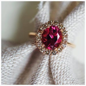 Pink Tourmaline Ring: Sterling Silver Engagement Ring, American Diamond Accents
