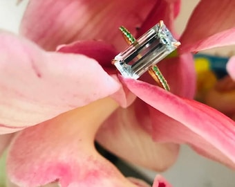 Emerald Cut Aquamarine Engagement Ring: Sterling Silver Unique Promise Ring Gift For Love