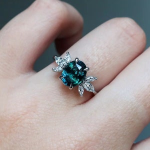 Teal sapphire Ring Genuine Oval Cat Teal sapphire Engagement Ring Unique Women Vintage Ring 925 Sterling Silver Personalized Gift For Her