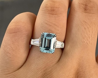 Emerald Cut Aquamarine Ring: 925 Sterling Silver Bridal Jewelry Unique promise Ring
