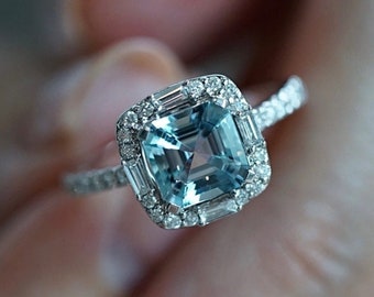 Aquamarine Asscher Cut Ring: 925 Sterling Silver Engagement Ring