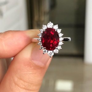 Vintage Lab-Created Ruby Ring: Oval Red Stone, American Diamond Halo