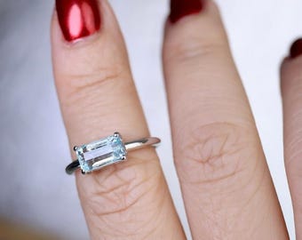 Emerald Cut Aquamarine Engagement Ring: 925 Sterling Silver Bridal Ring