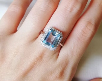 Emerald Cut Aquamarine Ring: Sterling Silver Bridal Engagement Ring