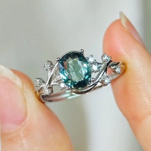 Teal Sapphire Sterling Silver Ring: Oval Solitaire Engagement Ring