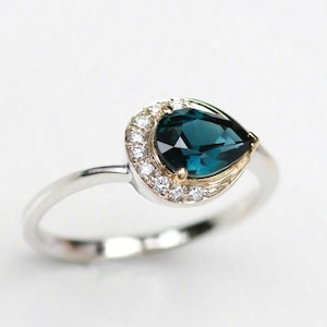 Teal Sapphire Engagement Ring: Vintage Sterling Silver Pear Halo Ring