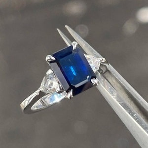 Emerald Cut Blue Sapphire Ring: Sterling Silver Solitaire Engagement Ring