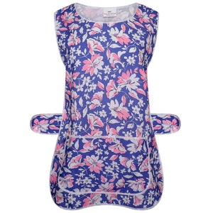 May include: A blue and pink floral print apron with a large pocket and adjustable straps. The apron is made of 100% polyester and is made in the USA.
