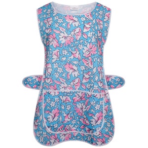 May include: A blue and pink floral print apron with a large pocket and two side pockets. The apron has a white trim.