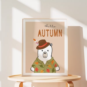 Cartel de otoño sala de juegos cartel de oso sala de guardería carteles de temporada para la escuela en casa otoño impresión aula bosque oso imprimible decoración de la habitación de la cama