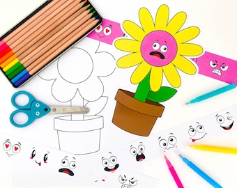 May include: A printable activity for kids featuring a flower with a blank face and a set of different emotions to choose from. The activity includes a flower with a blank face, a set of different emotions to choose from, and a set of colored pencils.